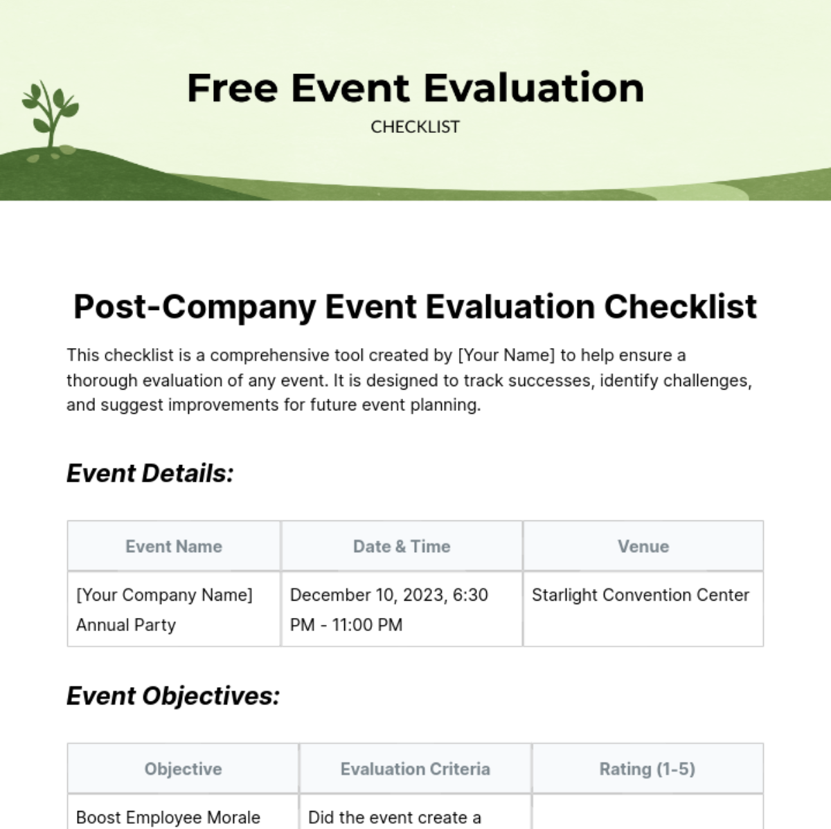 Free Event Evaluation Checklist Template