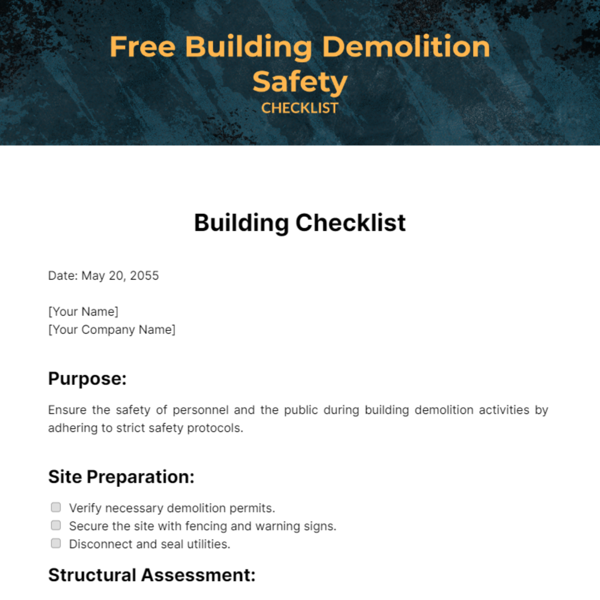 Building Demolition Safety Checklist Template