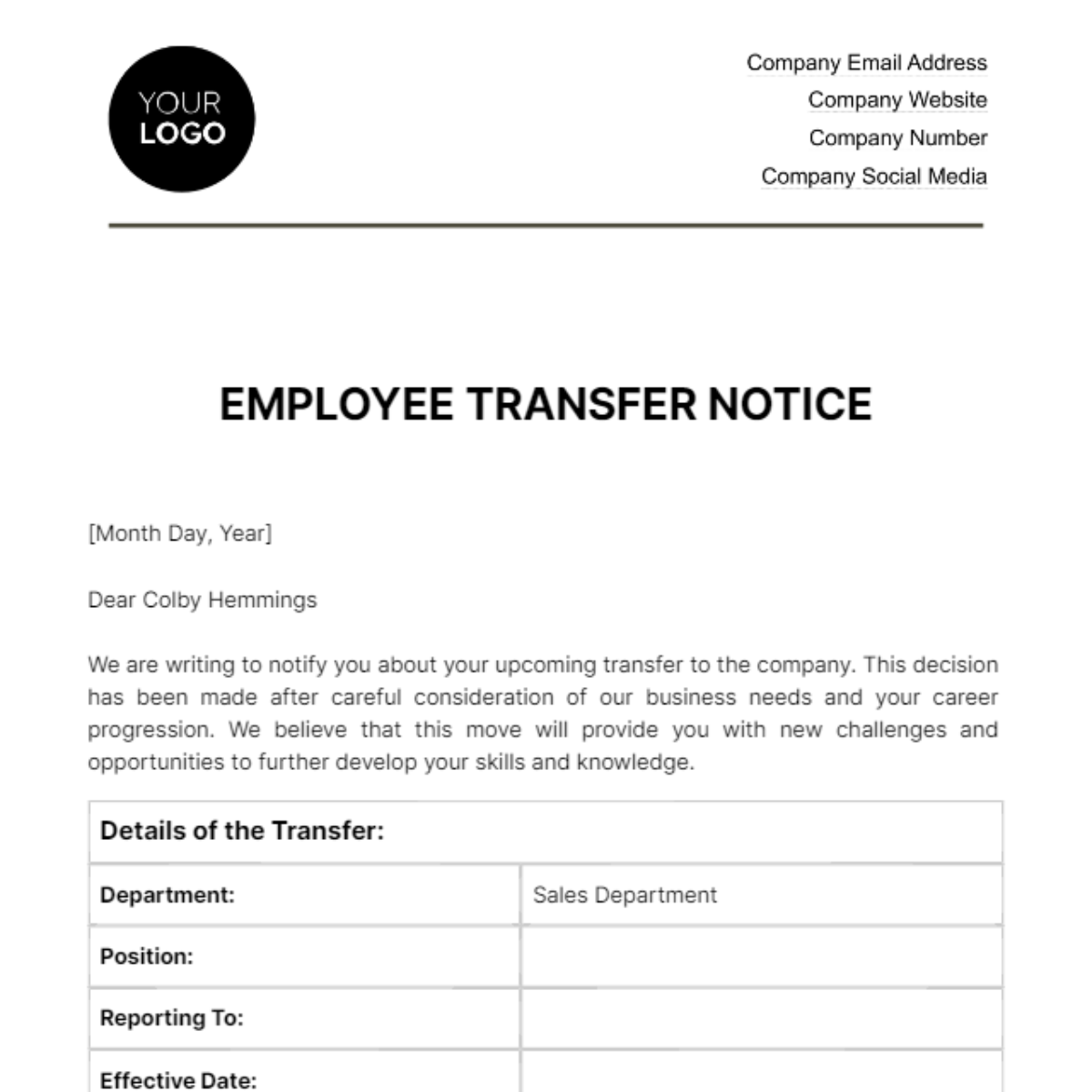 Employee Transfer Notice HR Template