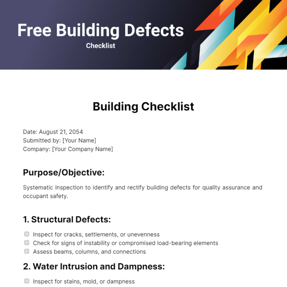 Free Building Defects Checklist Template
