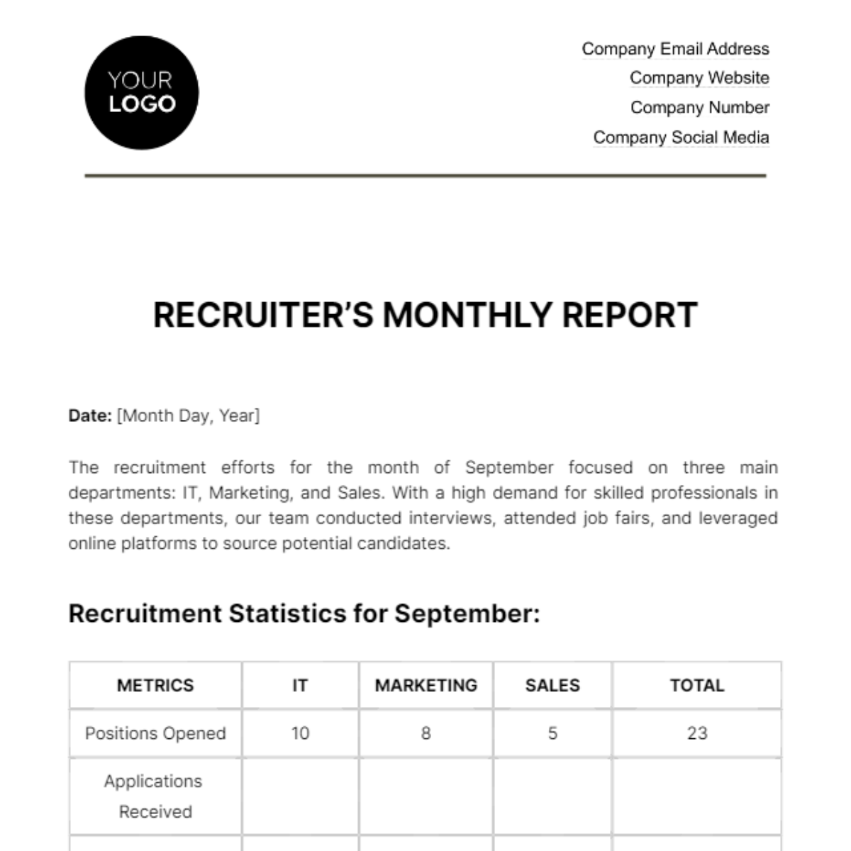 Recruiter's Monthly Report HR Template