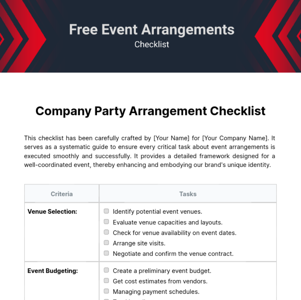 Free Event Arrangements Checklist Template