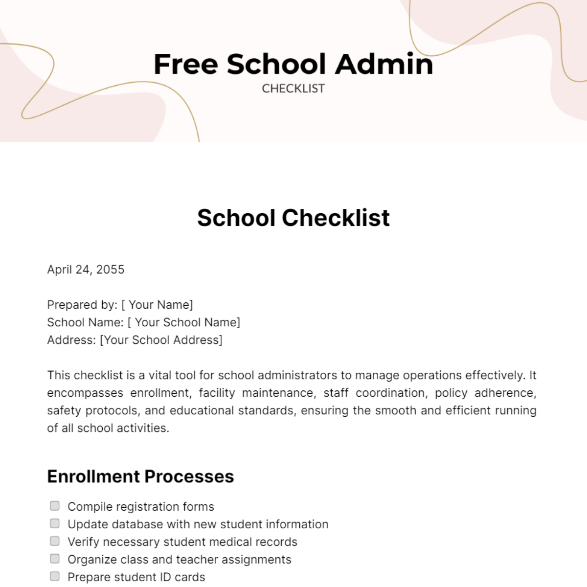 Free School Admin Checklist Template