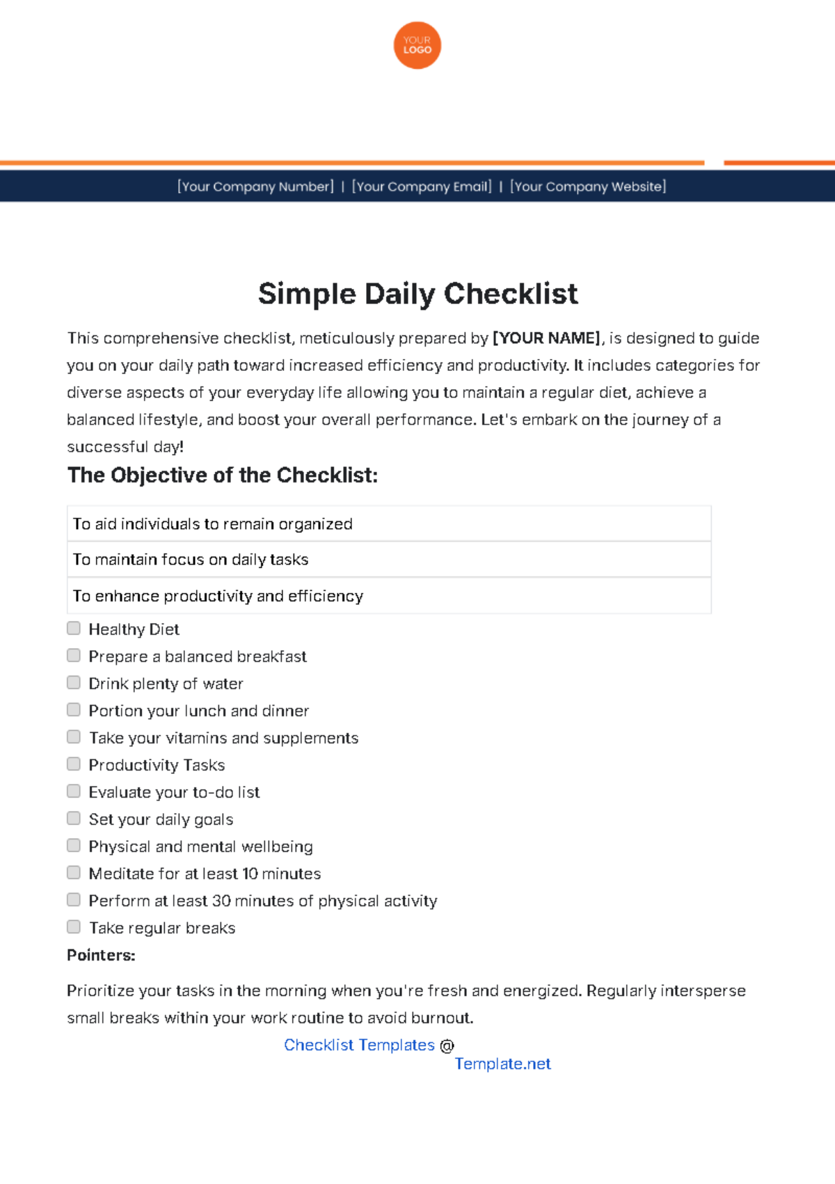 Simple Daily Checklist Template - Edit Online & Download