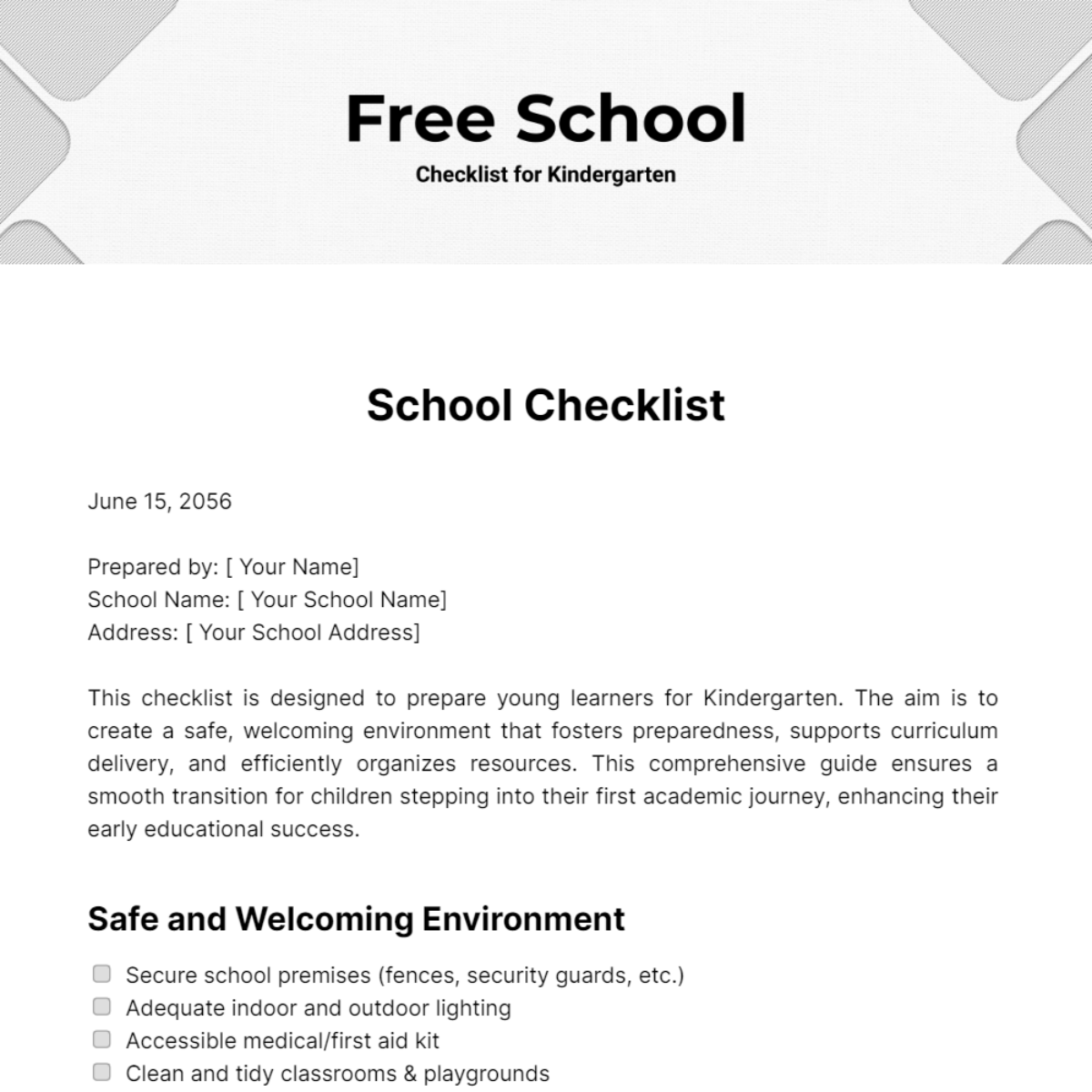 School Checklist for Kindergarten Template