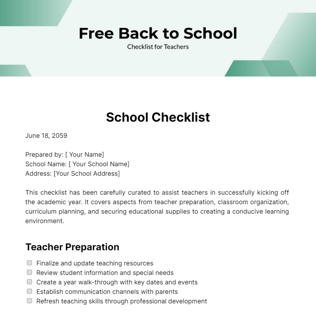 Free Back to School Checklist for Teachers Template