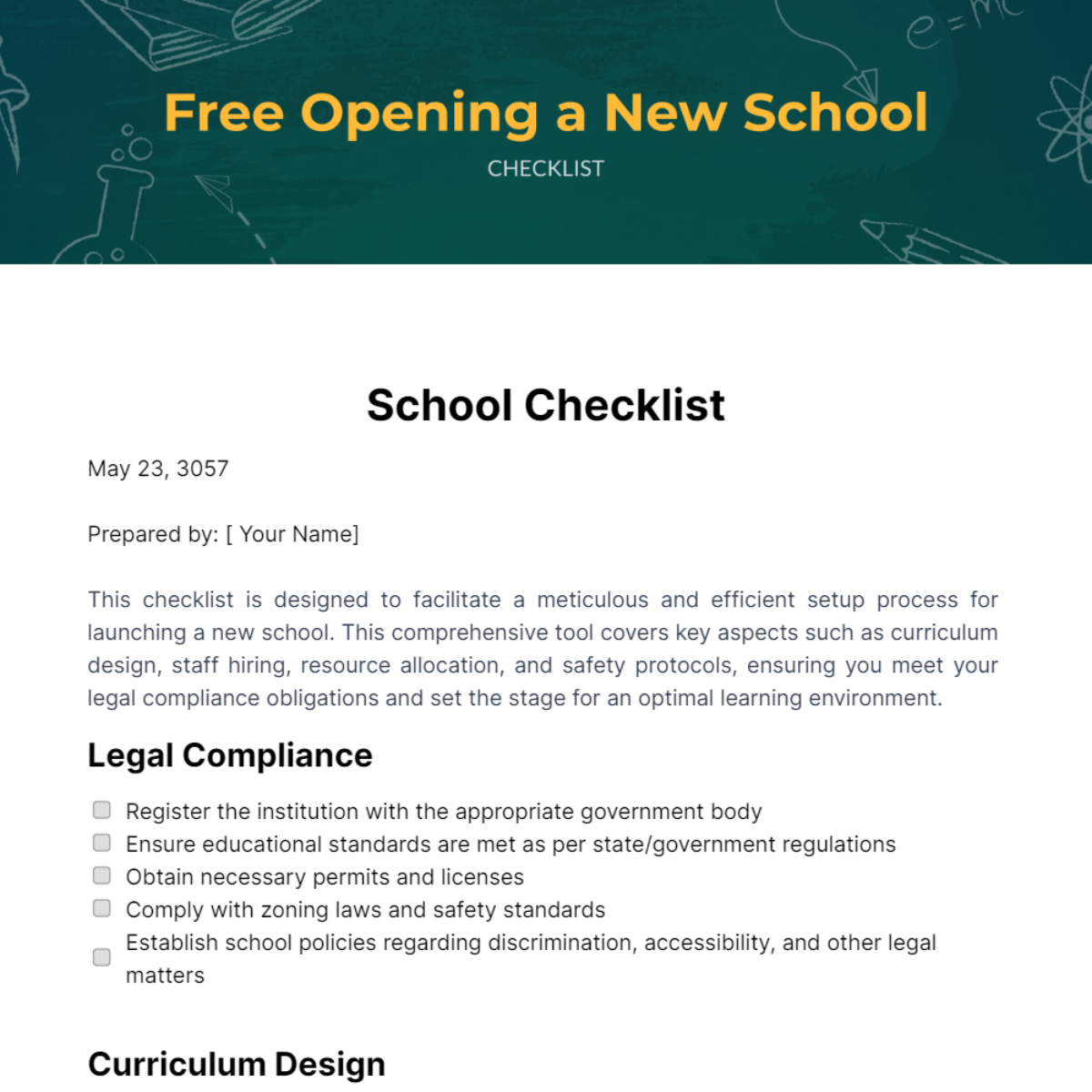 Free Opening a New School Checklist Template