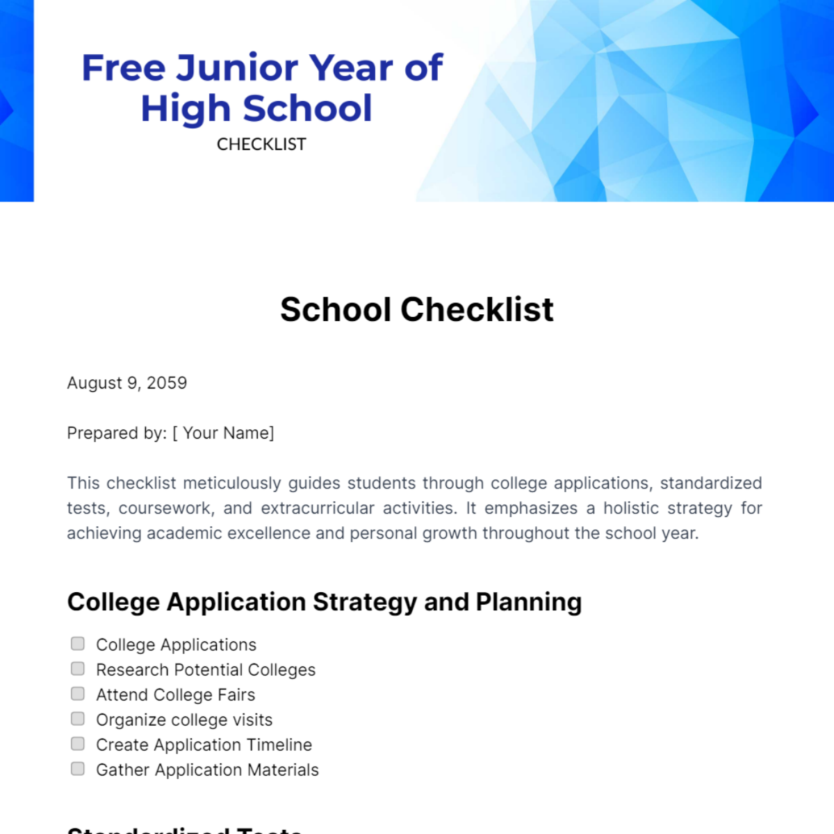 Junior Year of High School Checklist Template