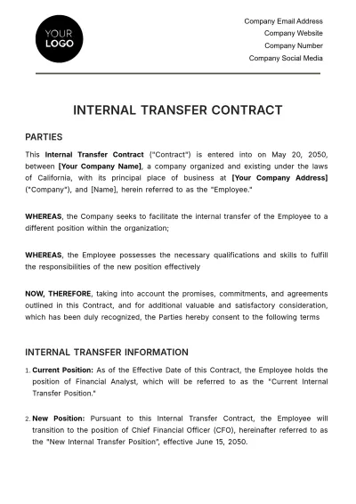 Free Internal Transfer Contract HR Template to Edit Online