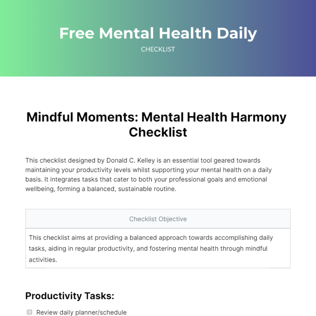Mental Health Daily Checklist Template