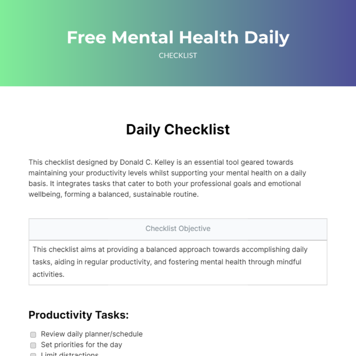 Mental Health Daily Checklist Edit Online And Download Example 4467