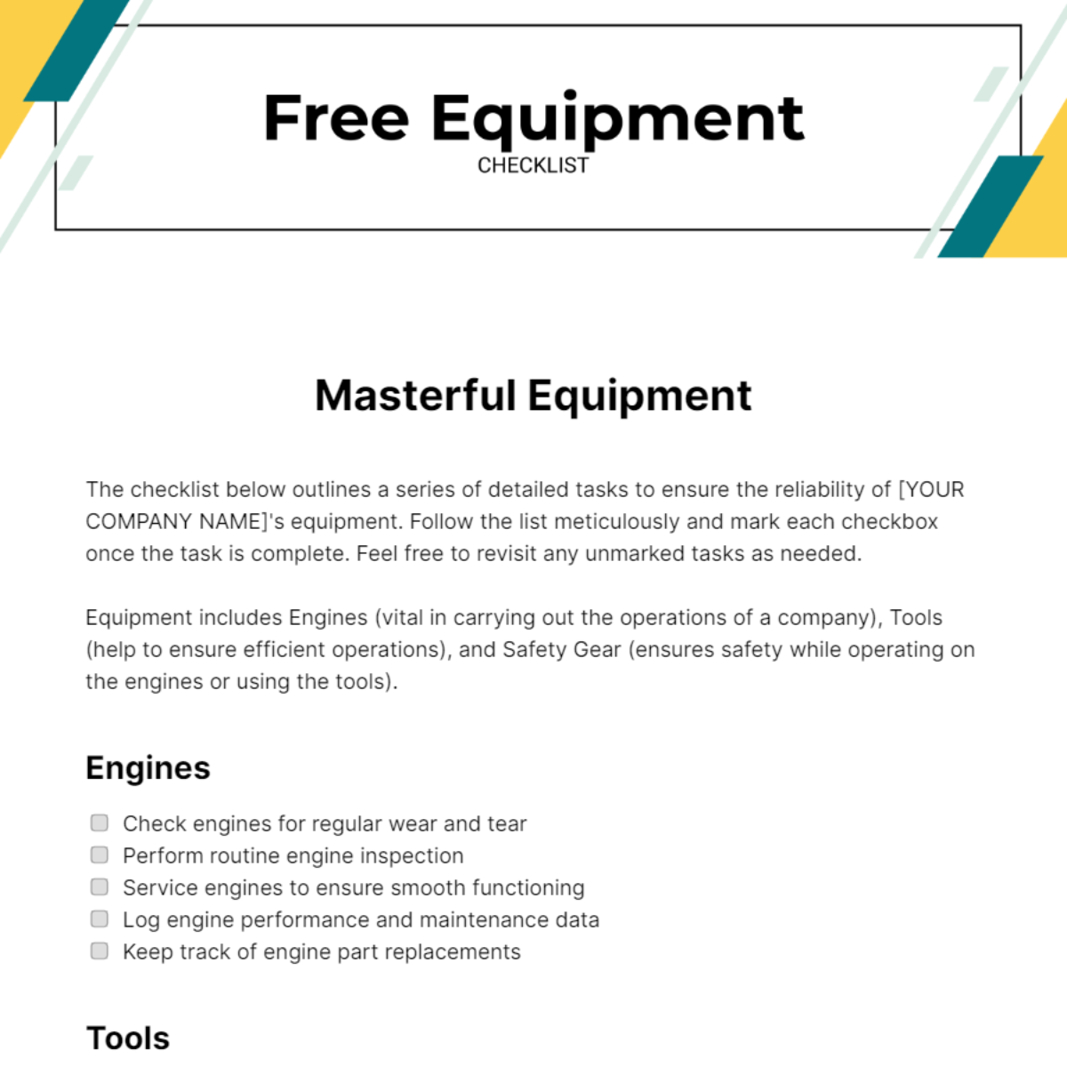 Free Equipment Checklist Template