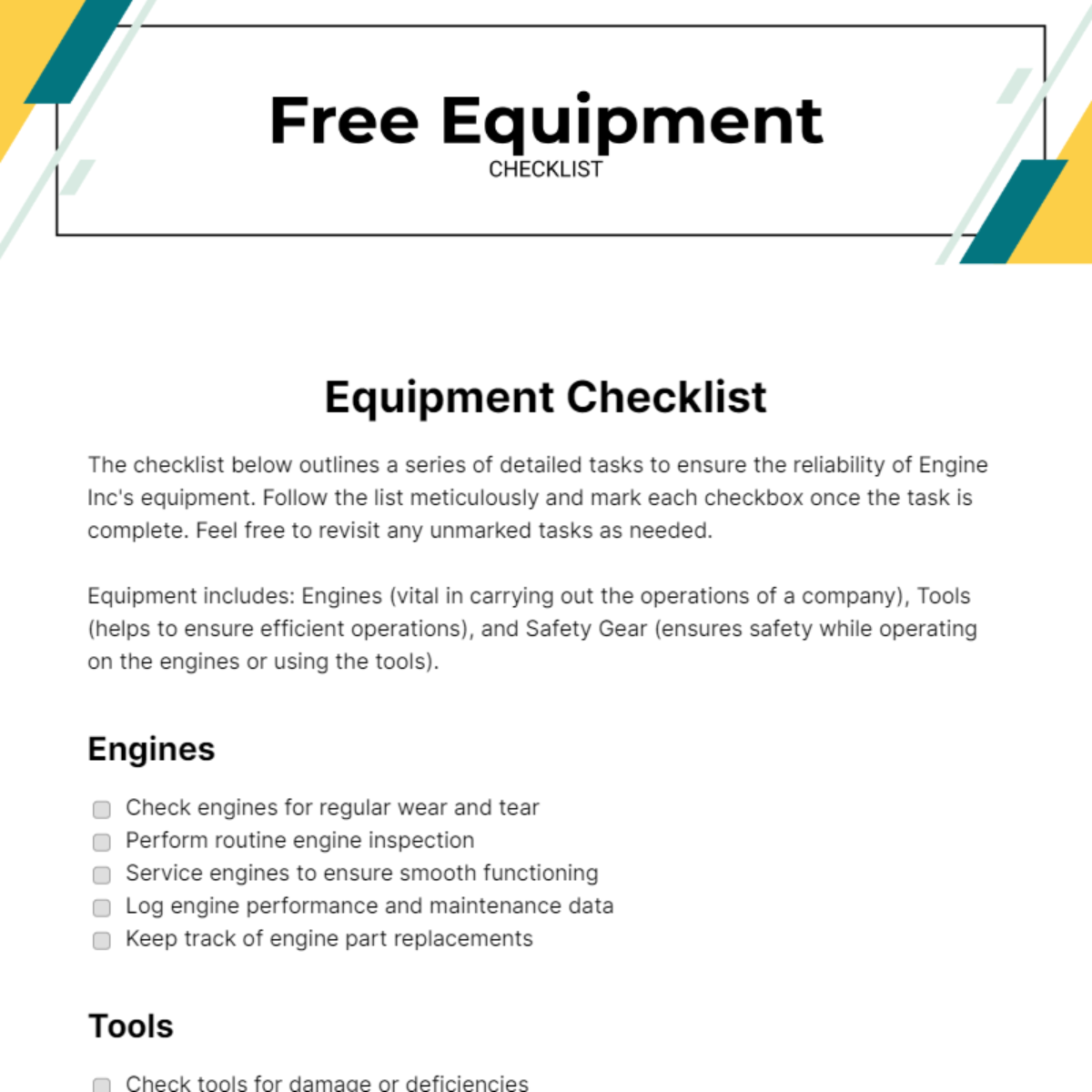 FREE Equipment Checklist Templates & Examples - Edit Online & Download