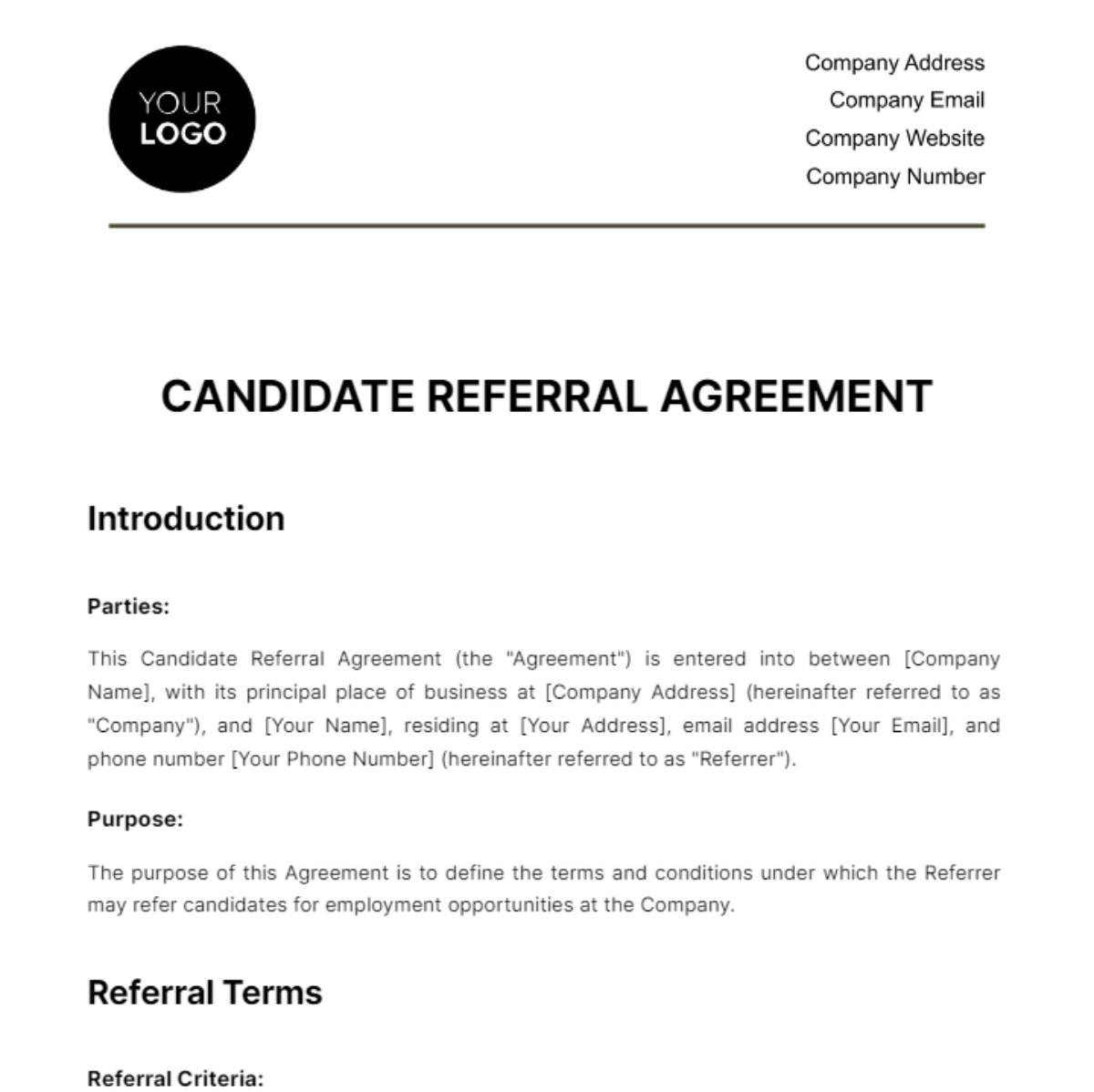 Candidate Referral Agreement HR Template