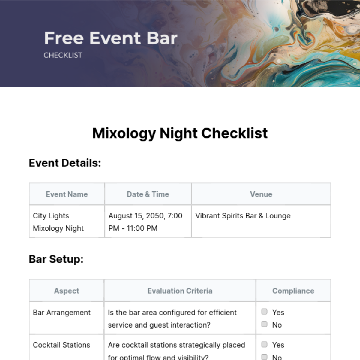 Event Bar Checklist Template