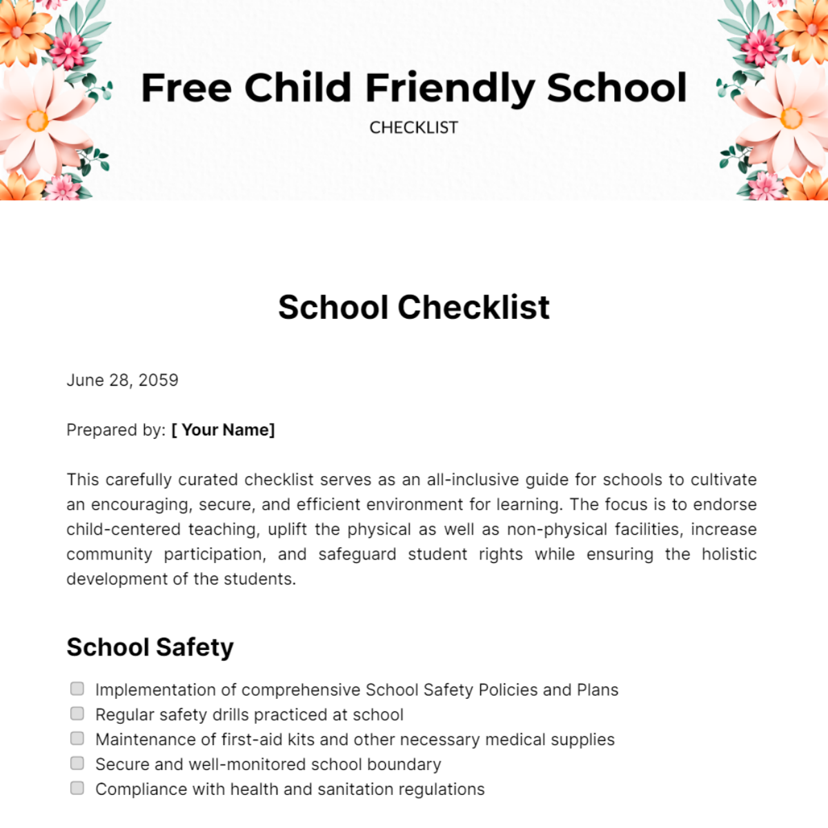Child Friendly School Checklist Template