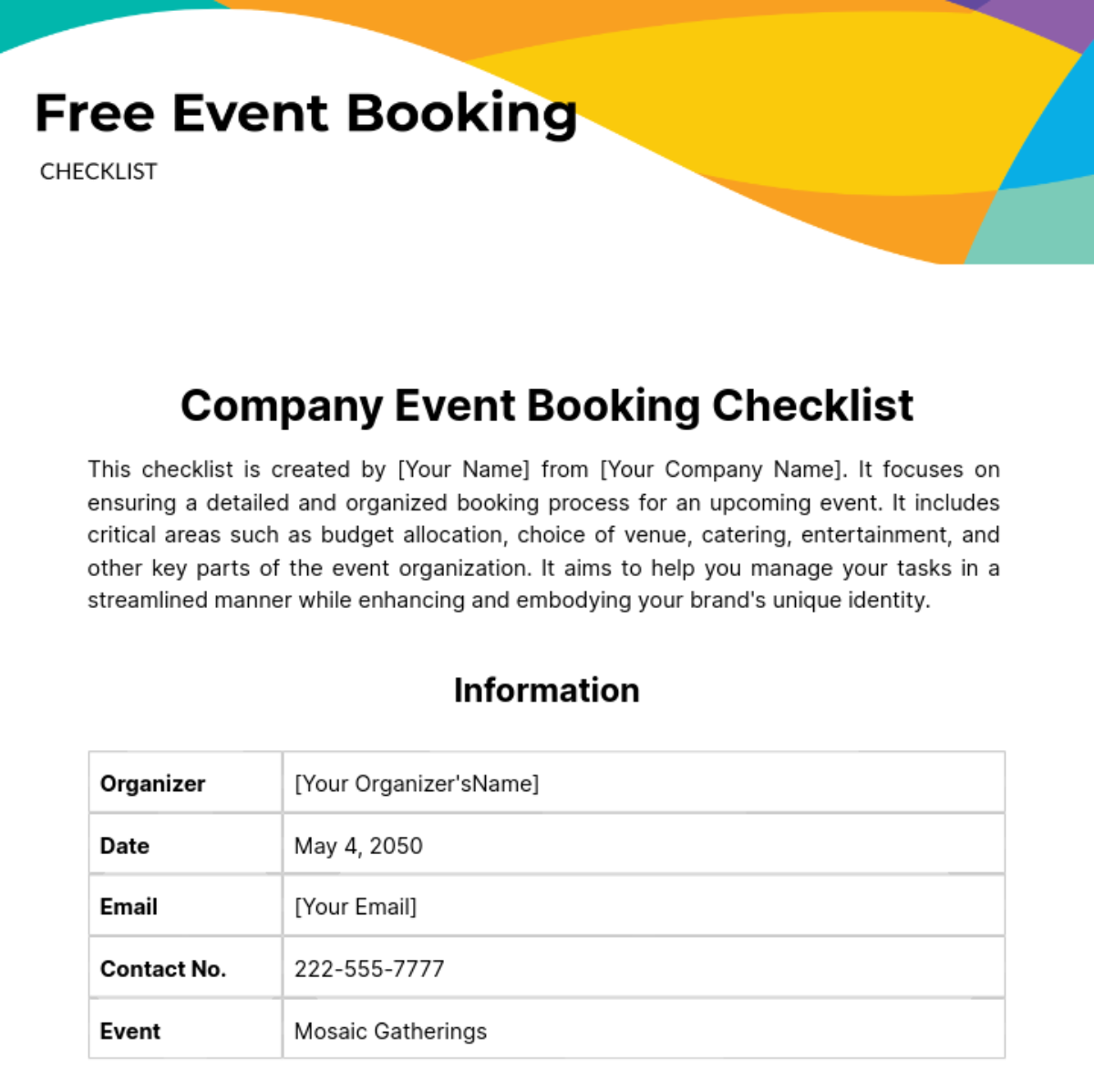 Free Event Booking Checklist Template