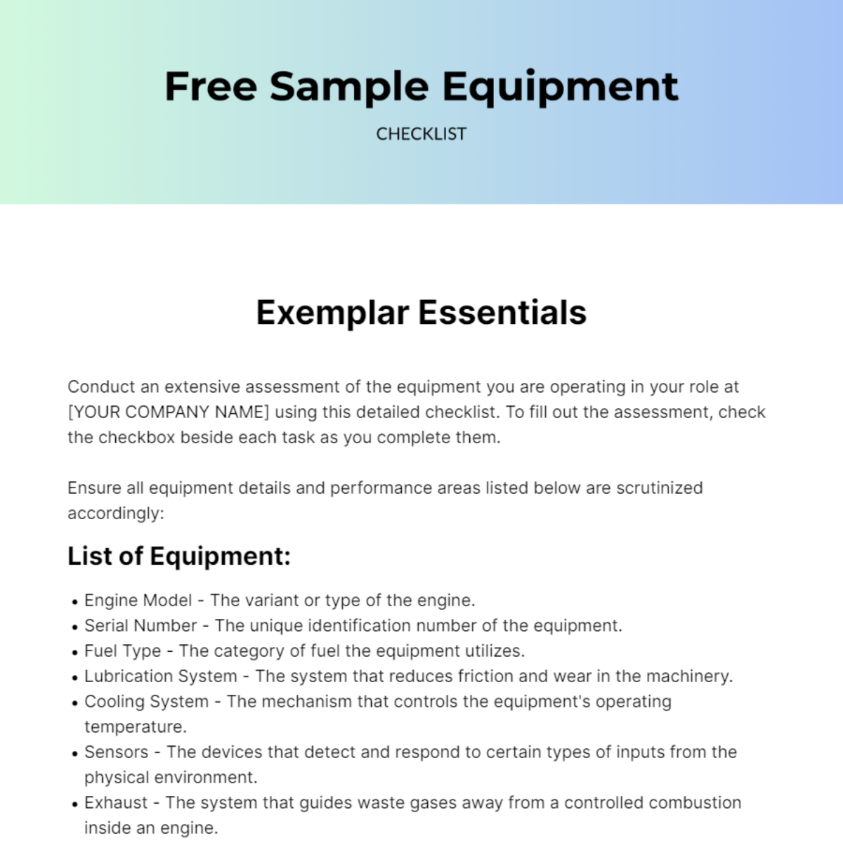 Free Sample Equipment Checklist Template