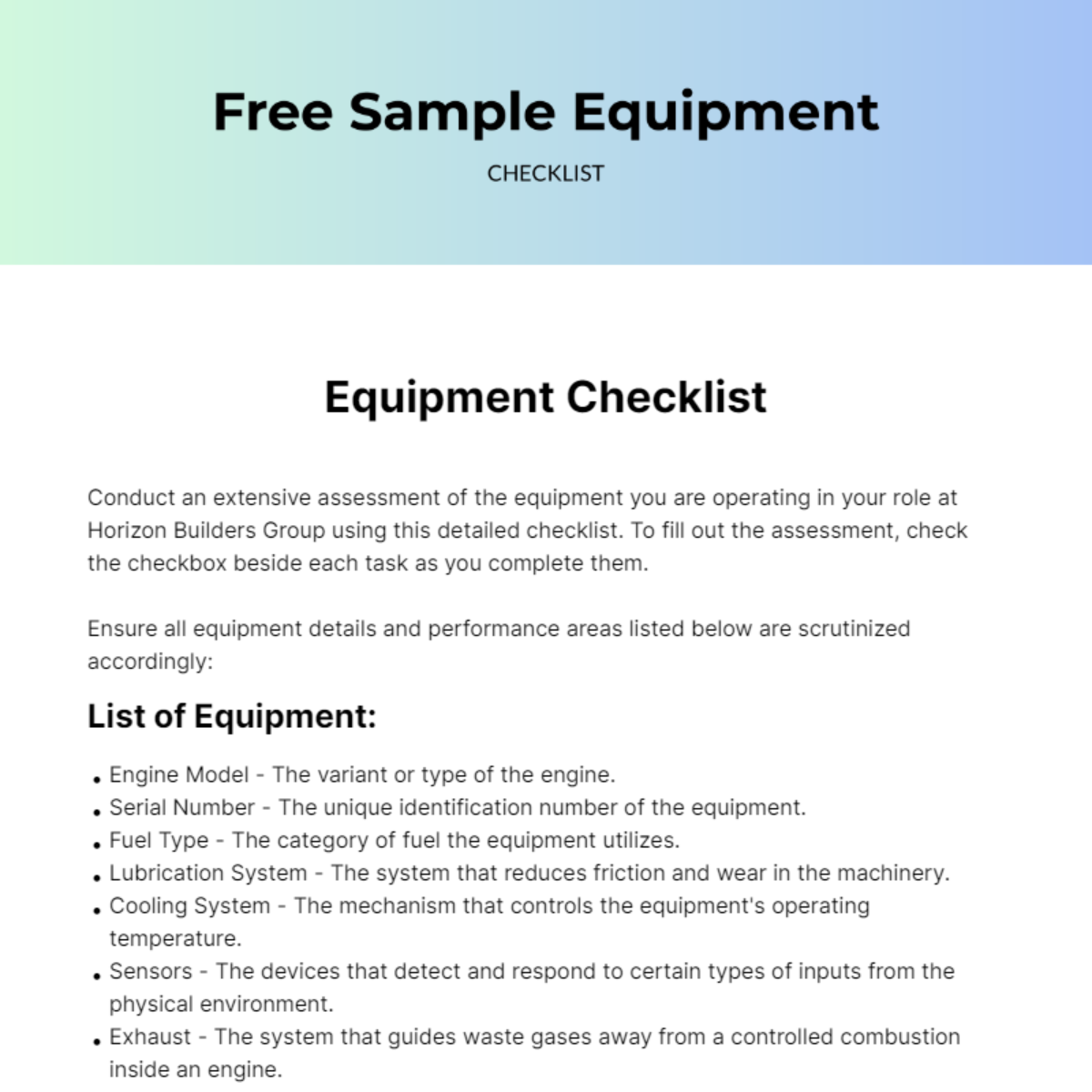 Sample Equipment Checklist Edit Online & Download Example