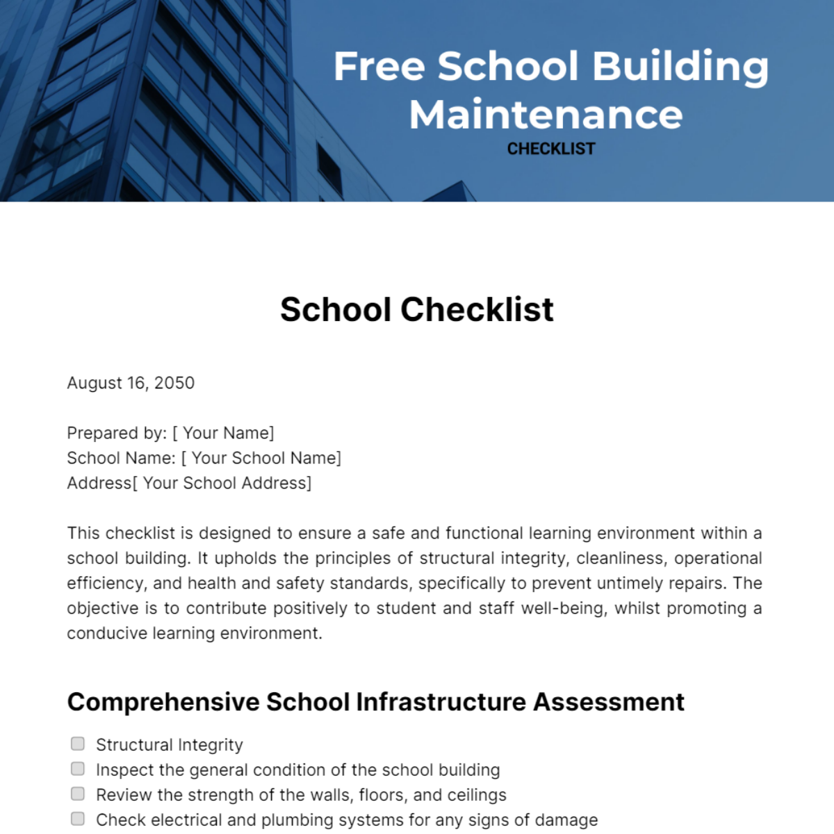 Free School Building Maintenance Checklist Template