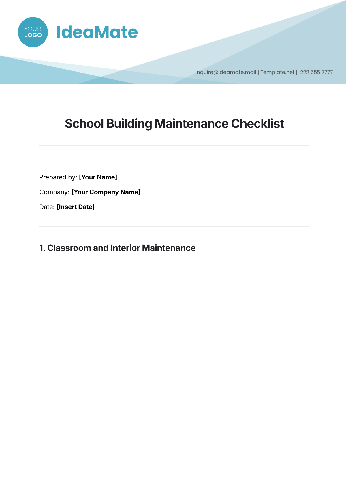 School Building Maintenance Checklist Template - Edit Online & Download