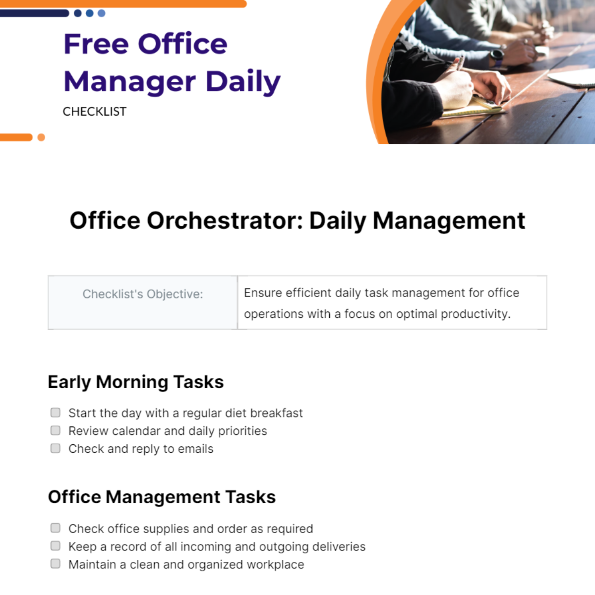 Office Manager Daily Checklist Template