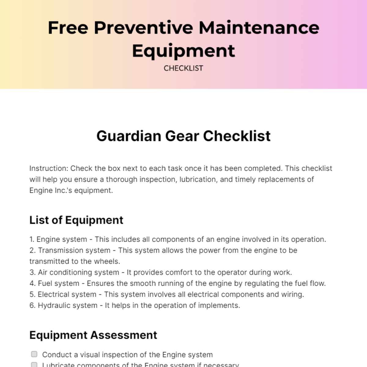 Preventive Maintenance Equipment Checklist Template