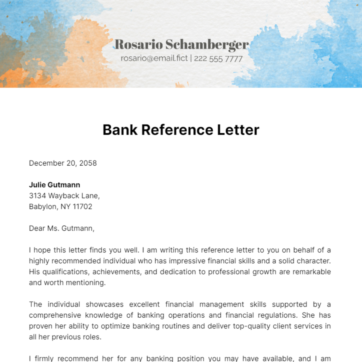 Bank Reference Letter Template