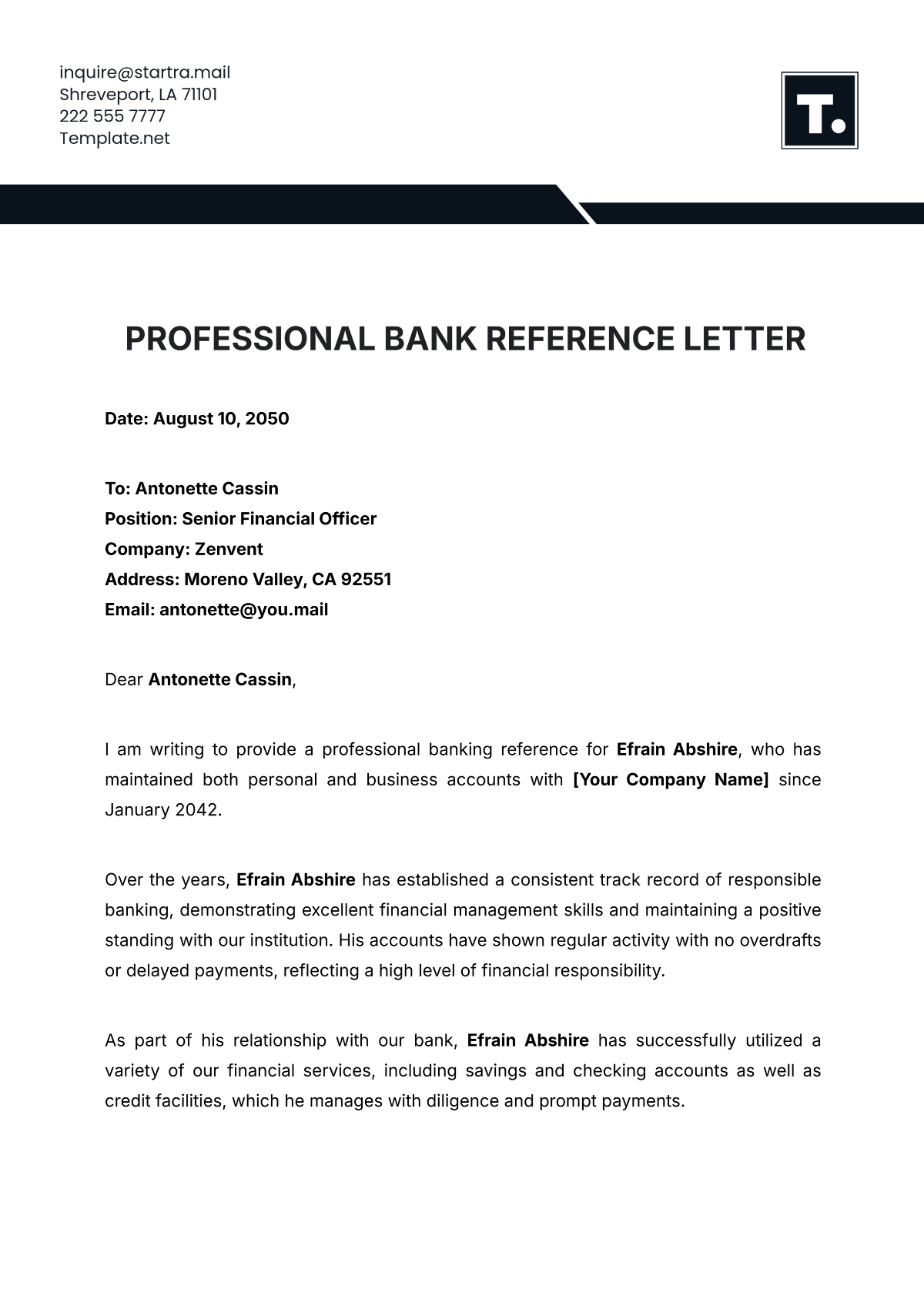 Professional Bank Reference Letter Template - Edit Online & Download