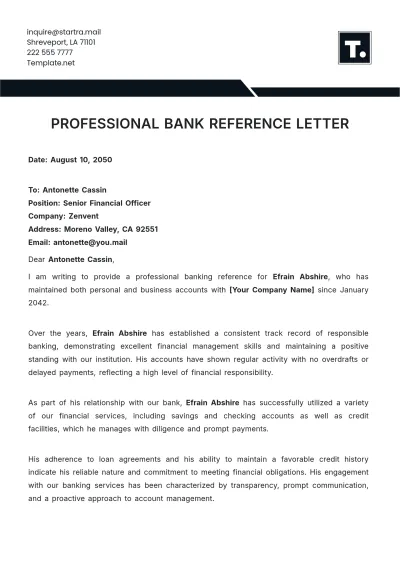 Free Professional Bank Reference Letter Template to Edit Online