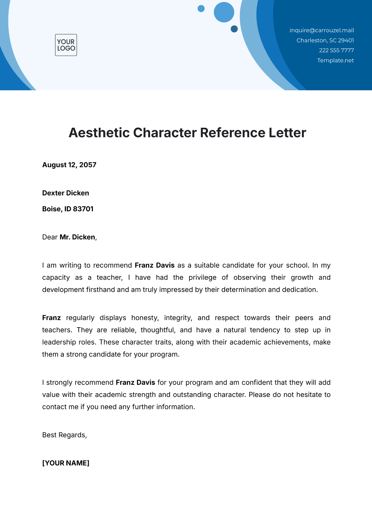 Aesthetic Character Reference Letter Template - Edit Online & Download