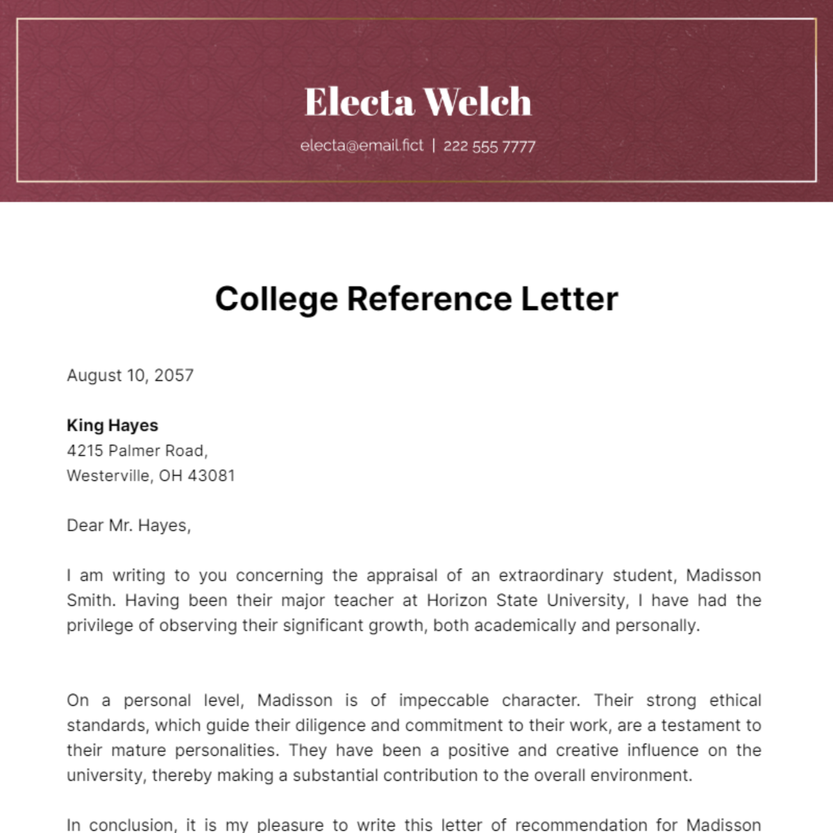 College Reference Letter Template