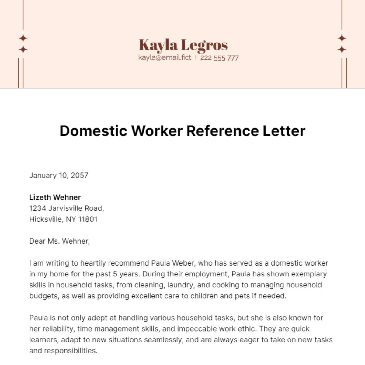 Domestic Worker Reference Letter Template