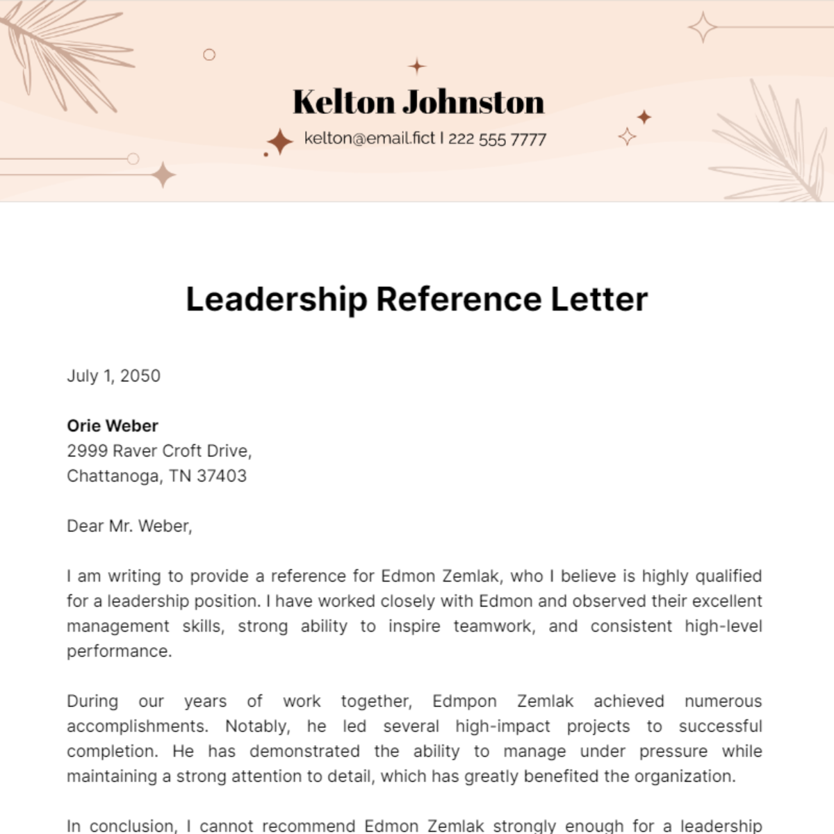 Leadership Reference Letter Template
