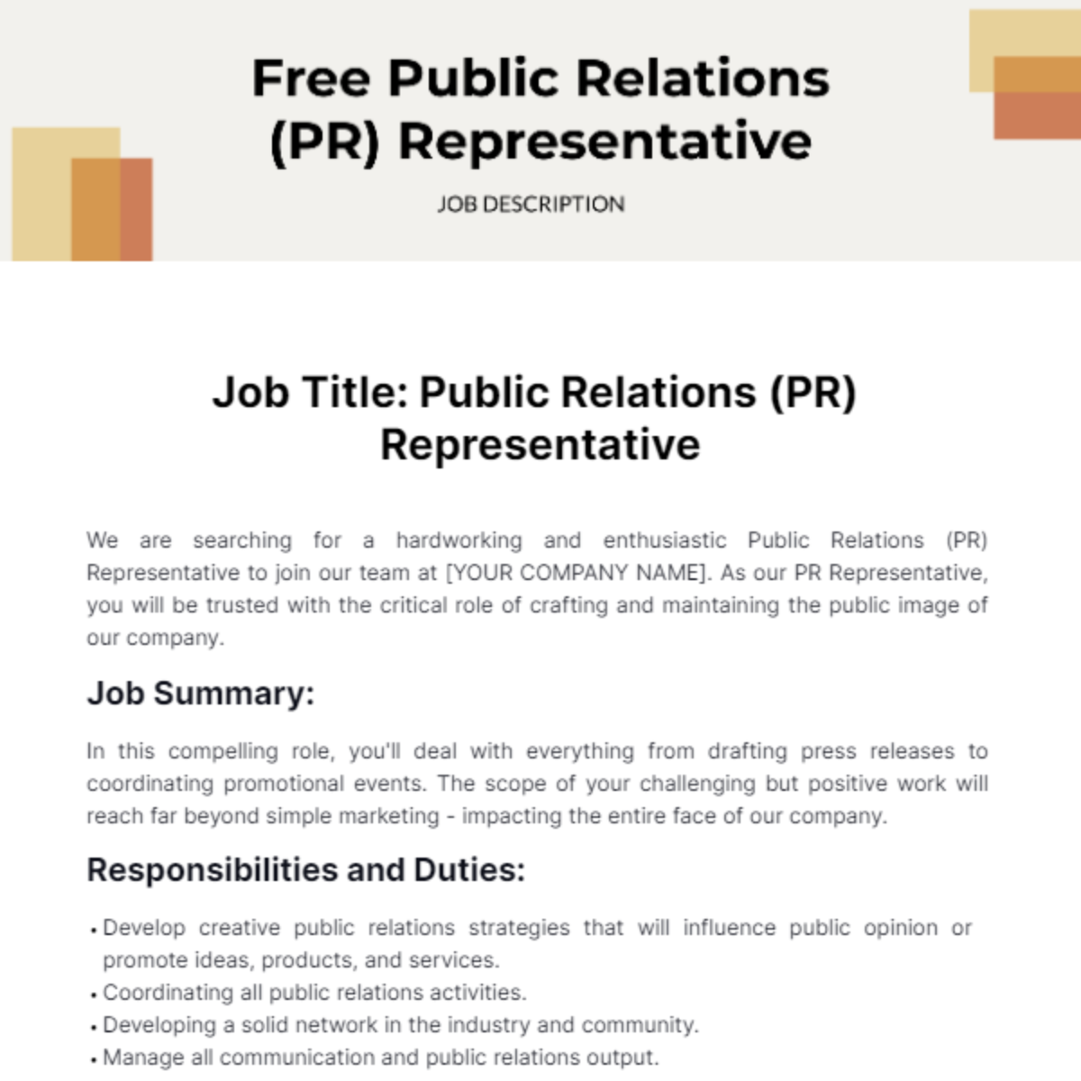 Public Relations (PR) Representative Job Description Template