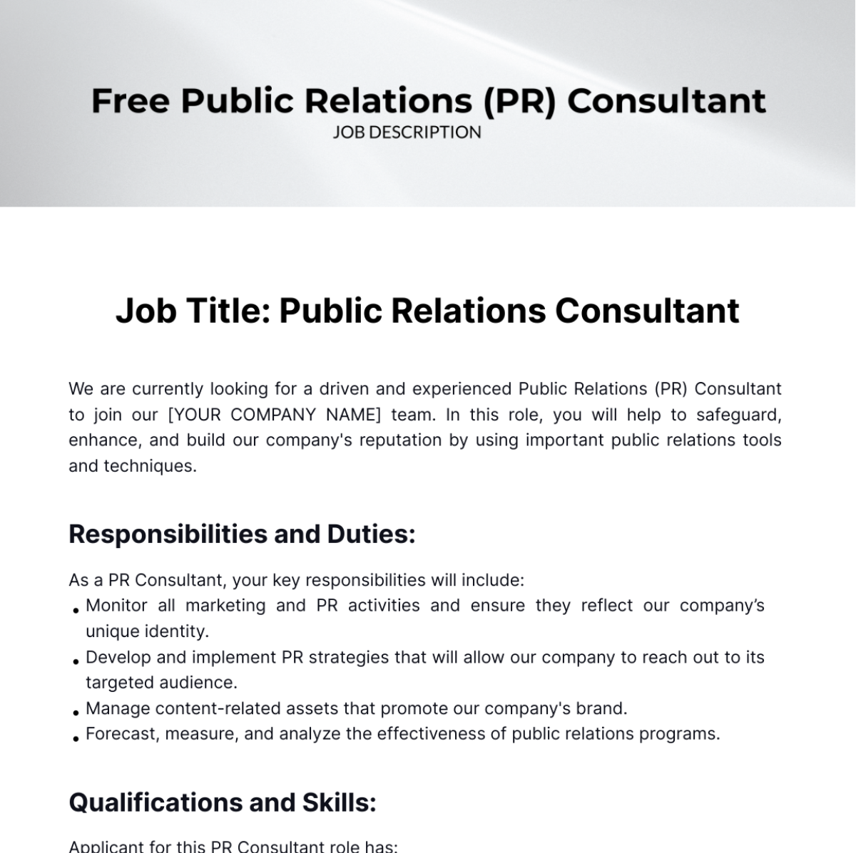Public Relations (PR) Consultant Job Description Template