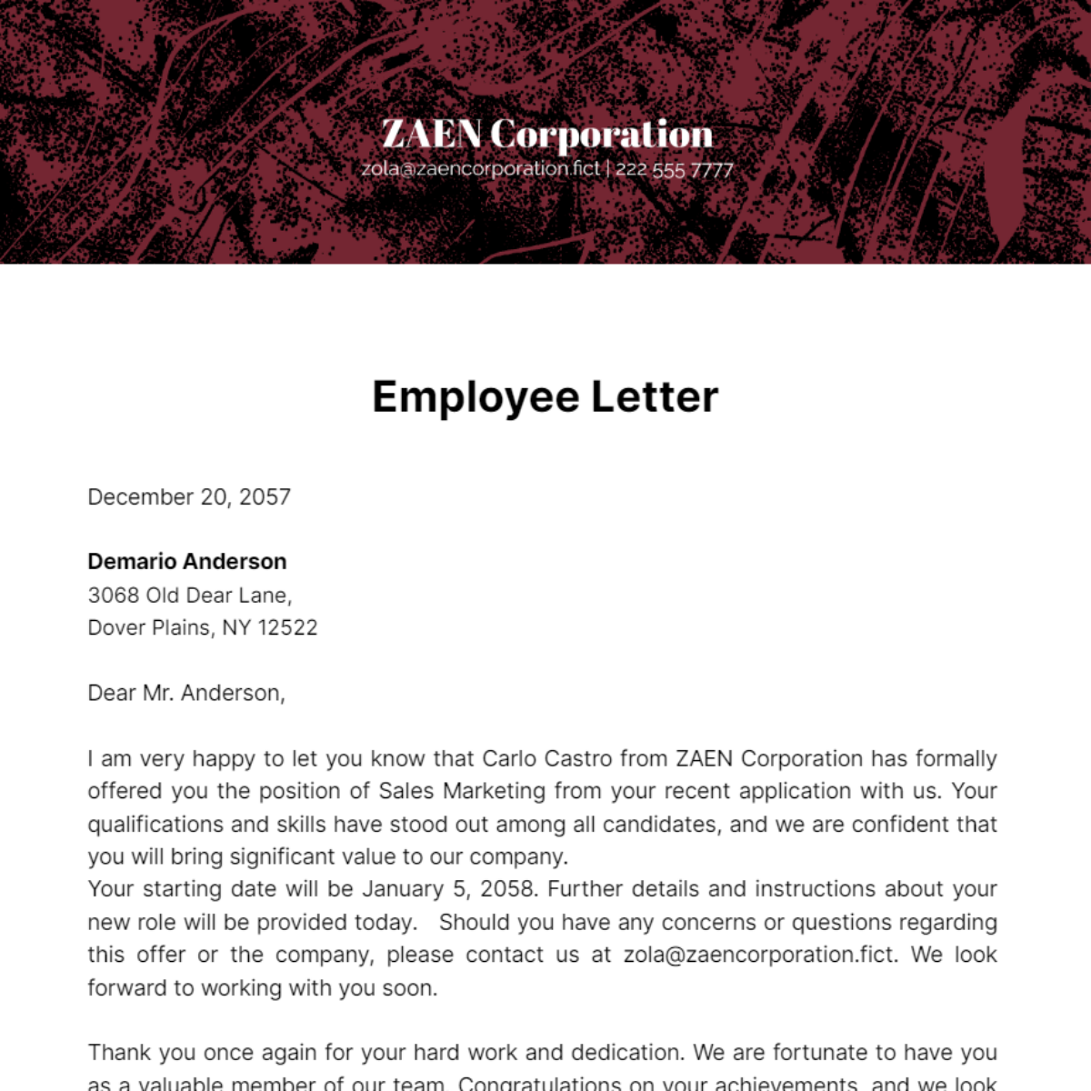 Free Employee Letter Template