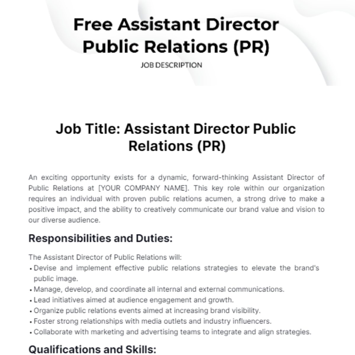 Assistant Director Public Relations (PR) Job Description Template