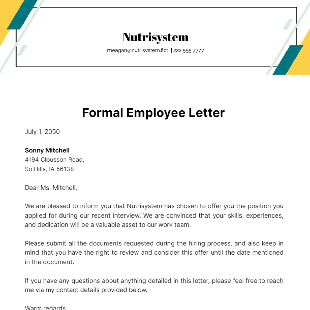 Formal Employee Letter Template