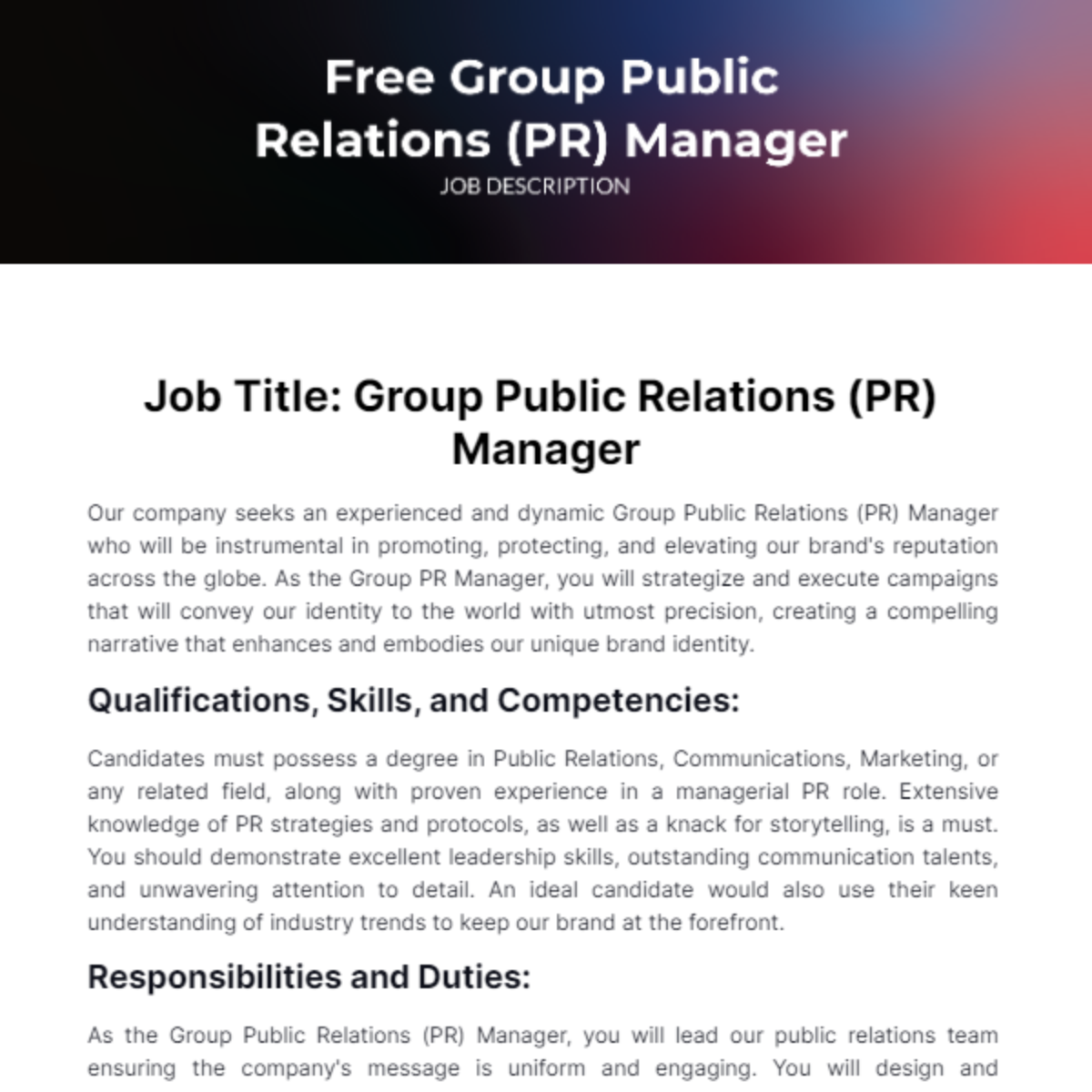 Group Public Relations (PR) Manager Job Description Template