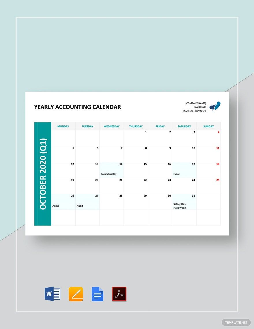 Yearly Accounting Calendar Template