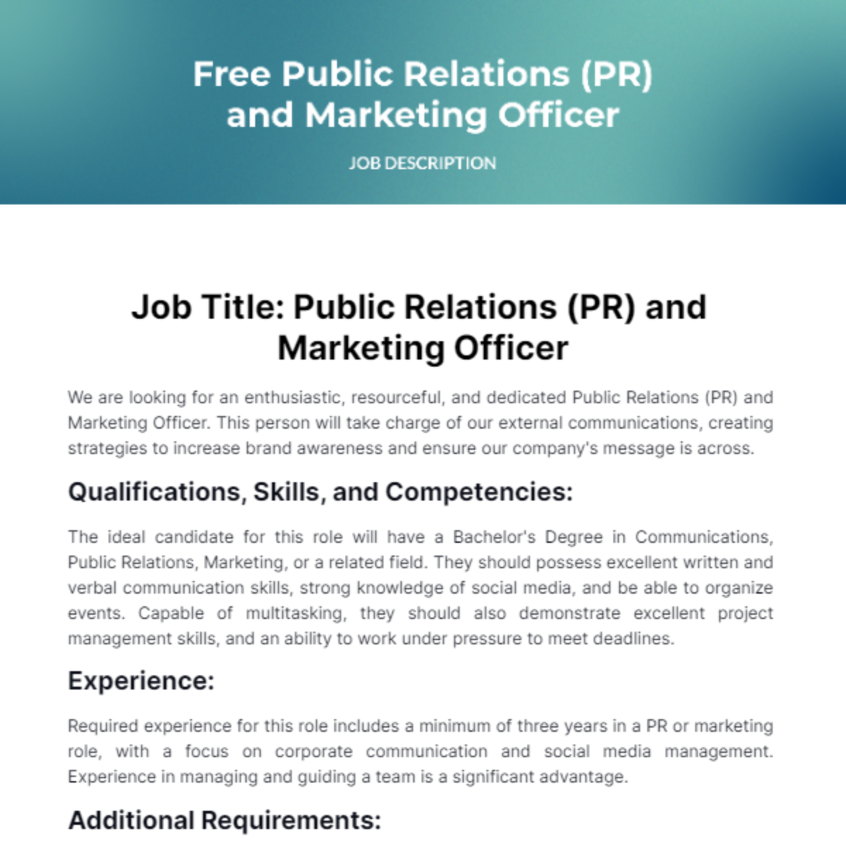 Public Relations (PR) and Marketing Officer Job Description Template