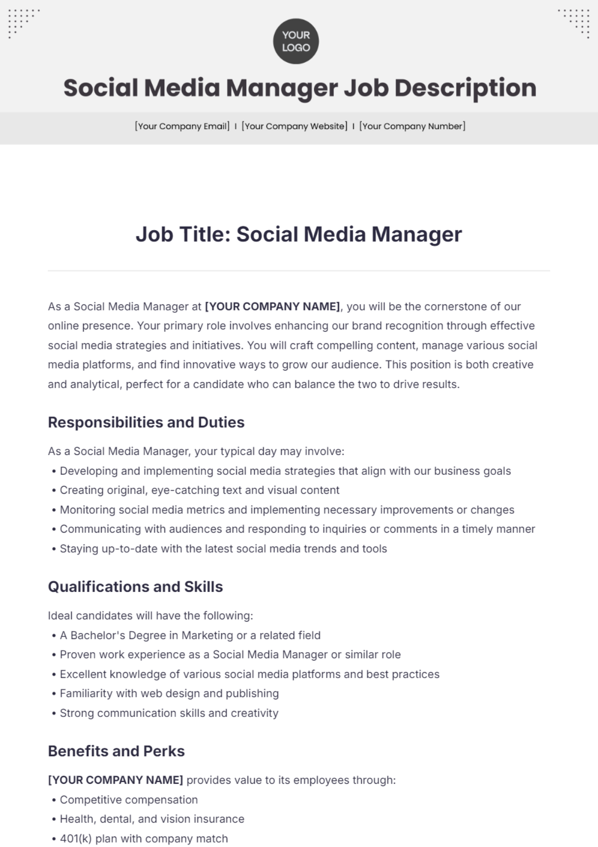 Social Media Manager Job Description Template - Edit Online & Download