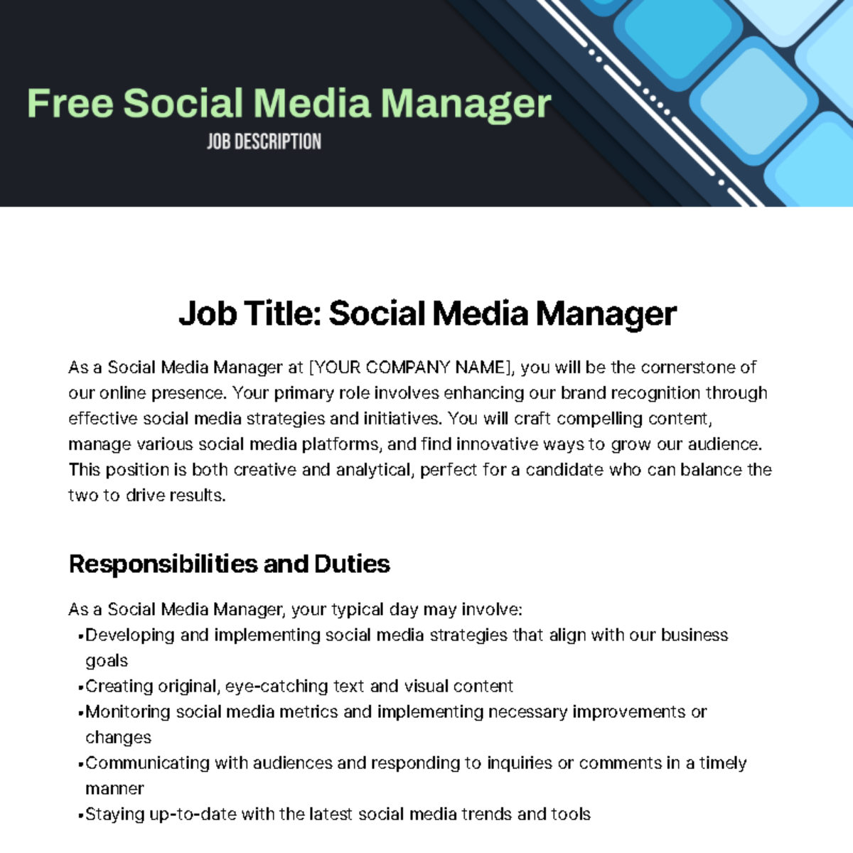 Free Social Media Manager Job Description Template