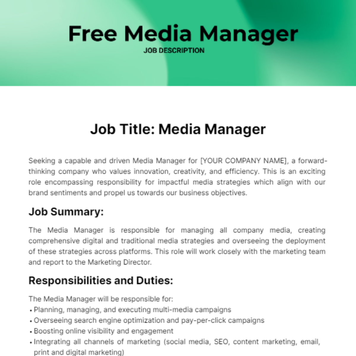 Free Media Manager Job Description Template