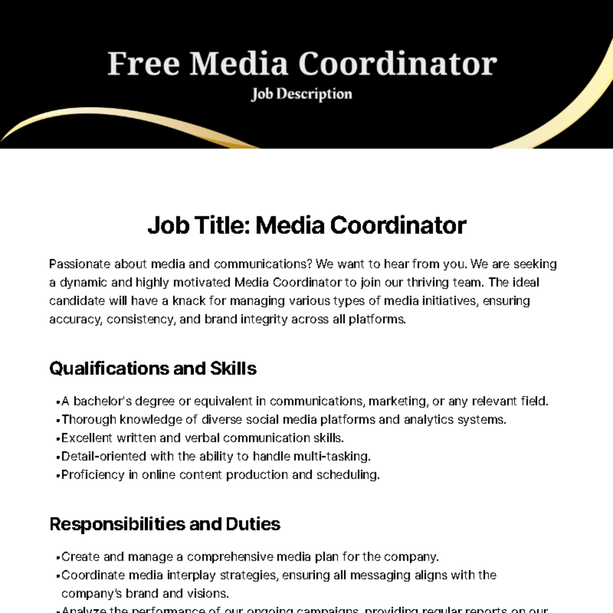 Media Coordinator Job Description Template