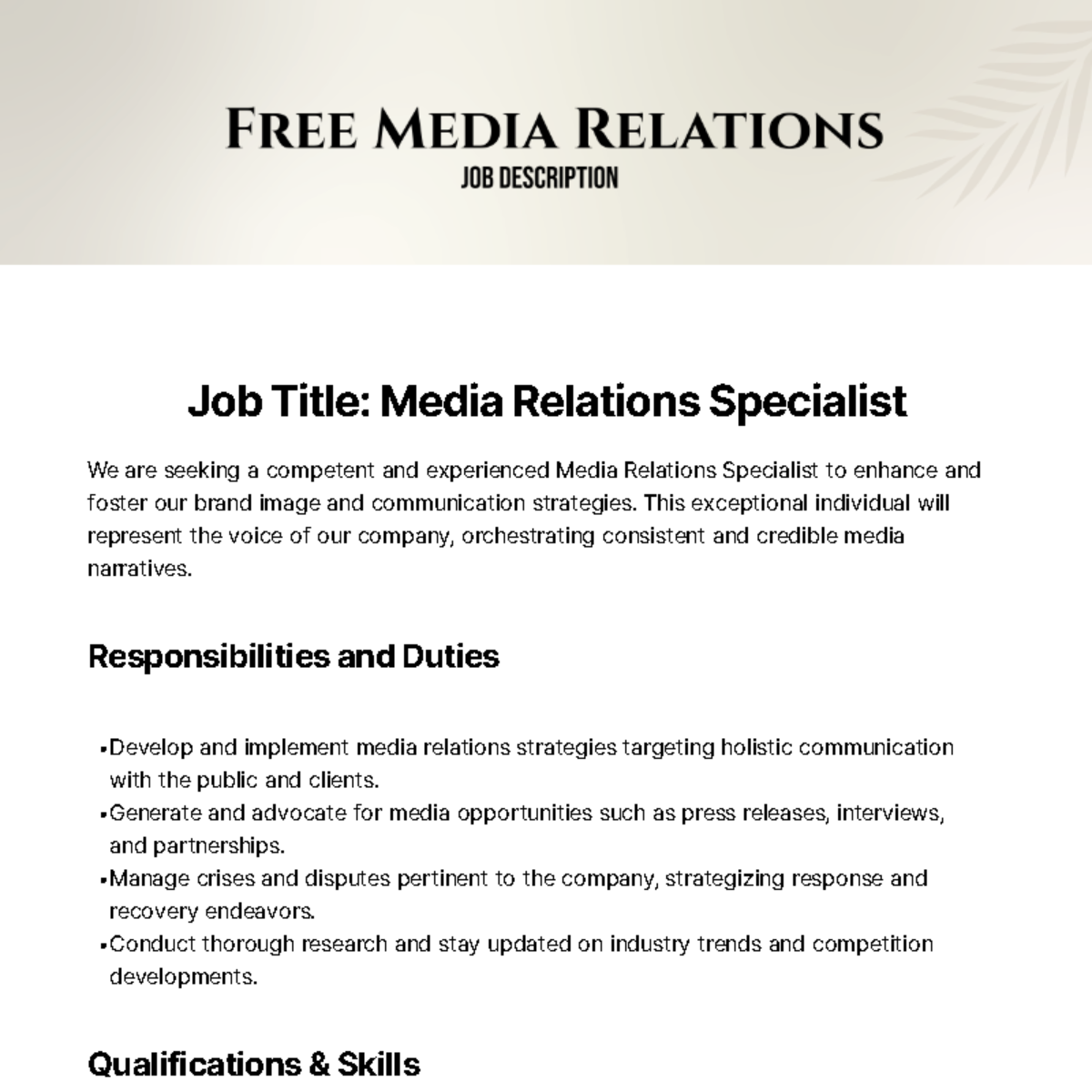 Free Media Relations Job Description Template