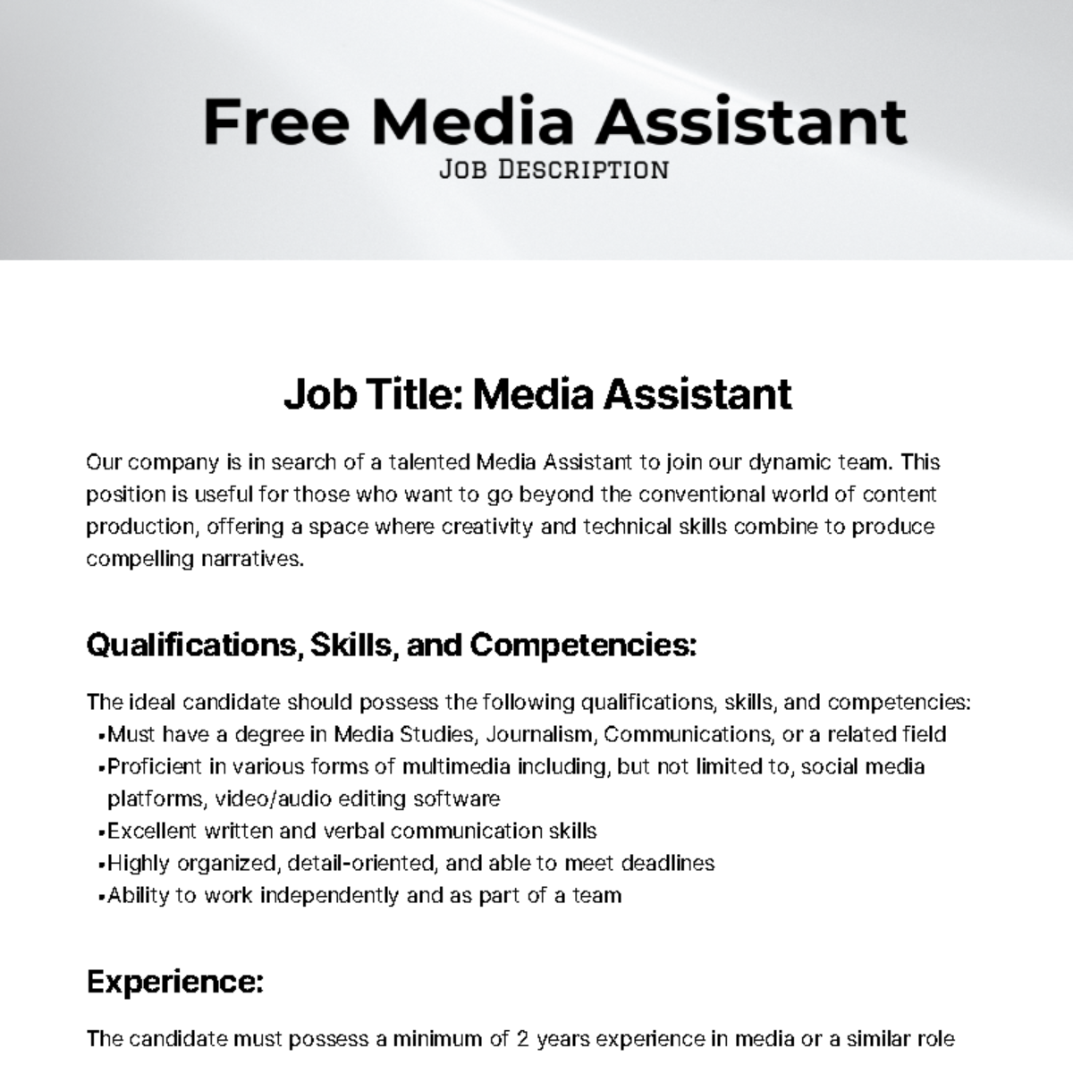 Media Assistant Job Description Template