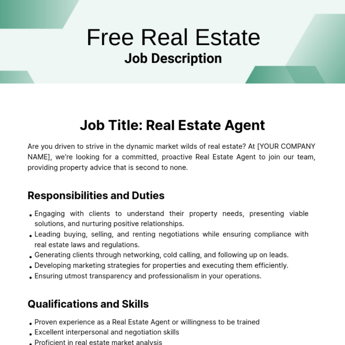 Real Estate Job Description Template