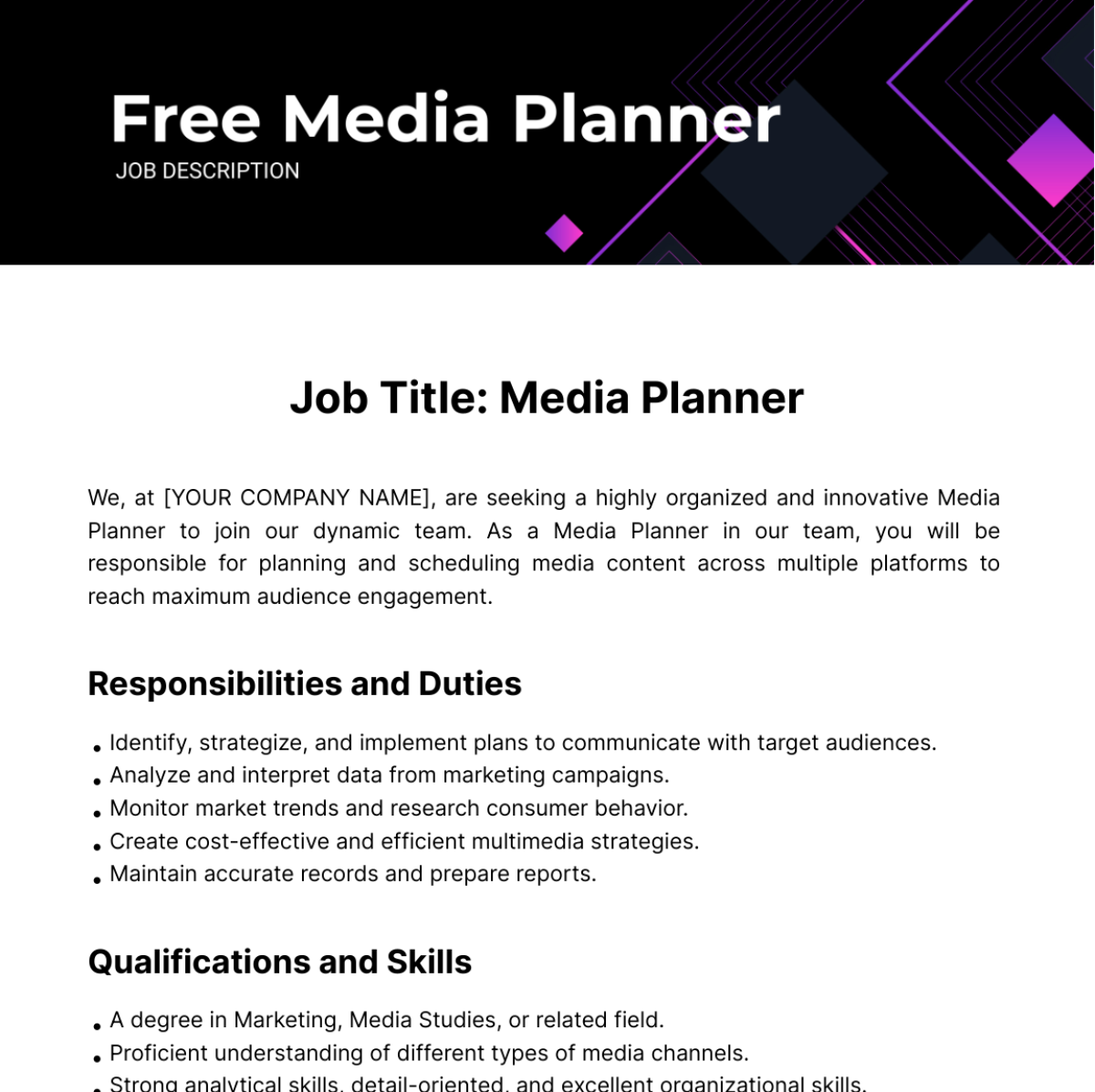 Media Planner Job Description Template